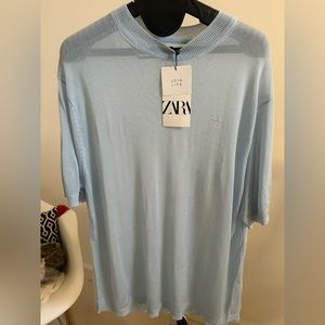 NWT ZARA SHEER LIGHT BLUE TUNIC KNIT SHORT SLEEVE SZ S color of the season!!!